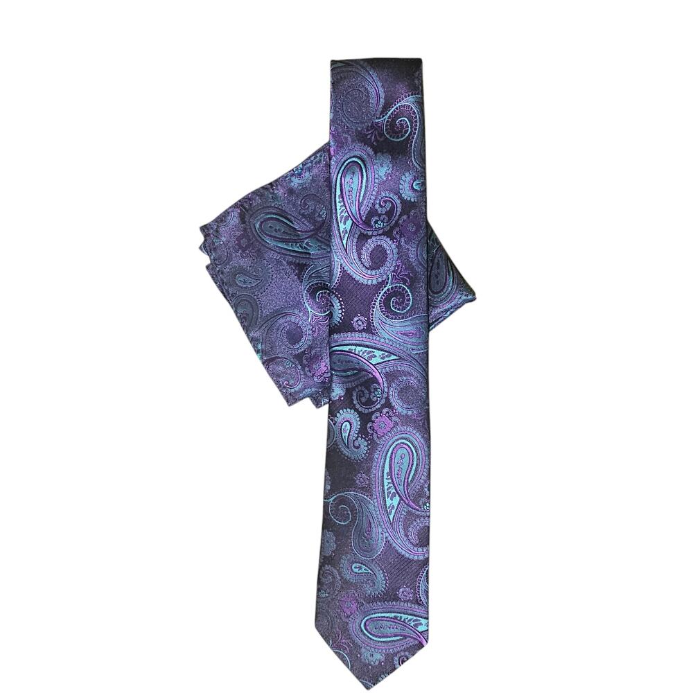 Men's Tie Handkerchief Set Handmade Necktie Hanky Paisley Blue Purple Green
